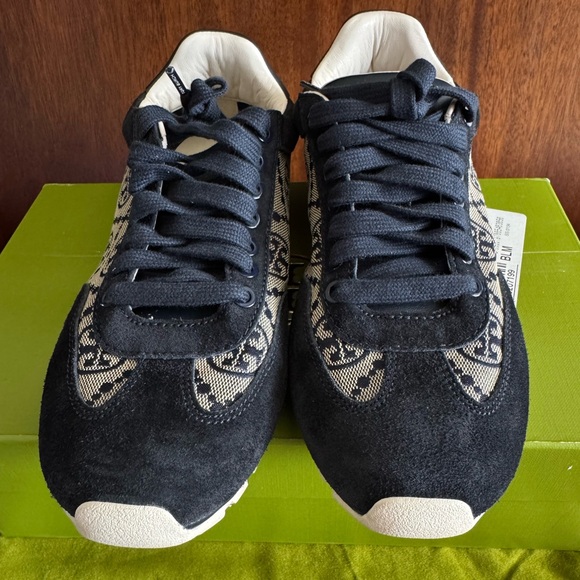 Tory Burch Field Sneakers Navy T Monogram Calf Leather Size 7 Dust bag box - Picture 2 of 11